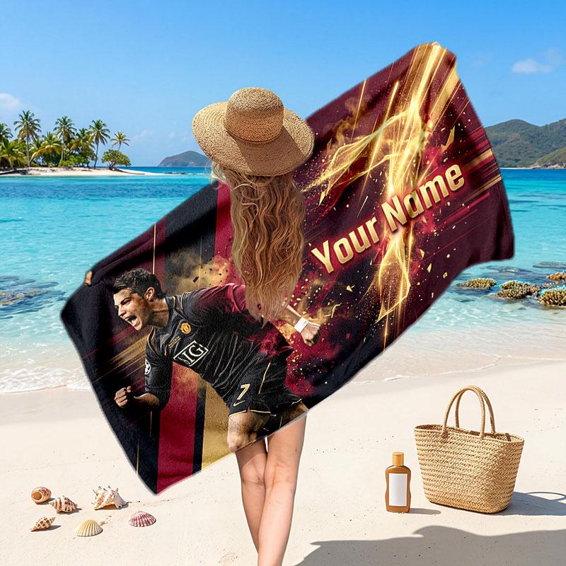 Cristiano Ronaldo Custom Beach Towel, Personalized Name Text Print, Football Logo Soft Quick‑Dry Towel Holiday Gift