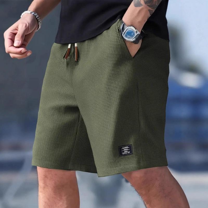 

Men s Beige Waffle Knit Checkered Shorts Casual Drawstring Waist Bottoms L зелений