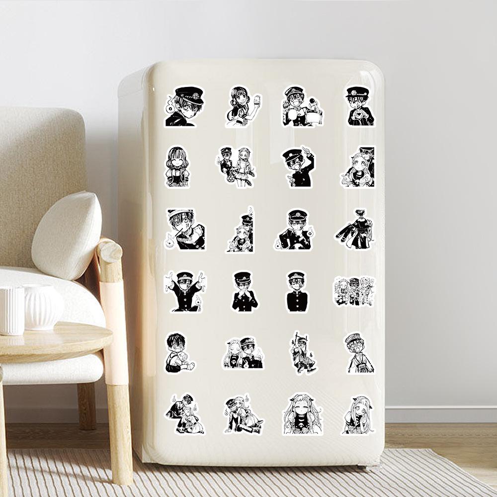 100 Waterproof Hanako-kun Stickers - Black & White Anime Character Decor for Suitcases, Water Bottles, and Desktops