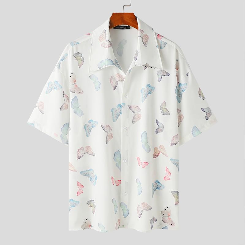 

INCERUN Летние мужские рубашки с коротким рукавом с цветочным принтом и повседневные мешковатые топы на пуговицах S белый