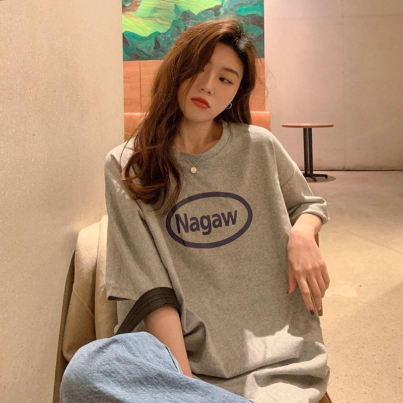 

Свободная утягивающая футболка средней длины с буквенным принтом и короткими рукавами для женщин, летний новый свободный топ из хлопка 3XL