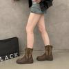 Leather~ Jiaoyu British style boots women's brown retro European and American embroidered western cowboy boots thick-soled Martin boots