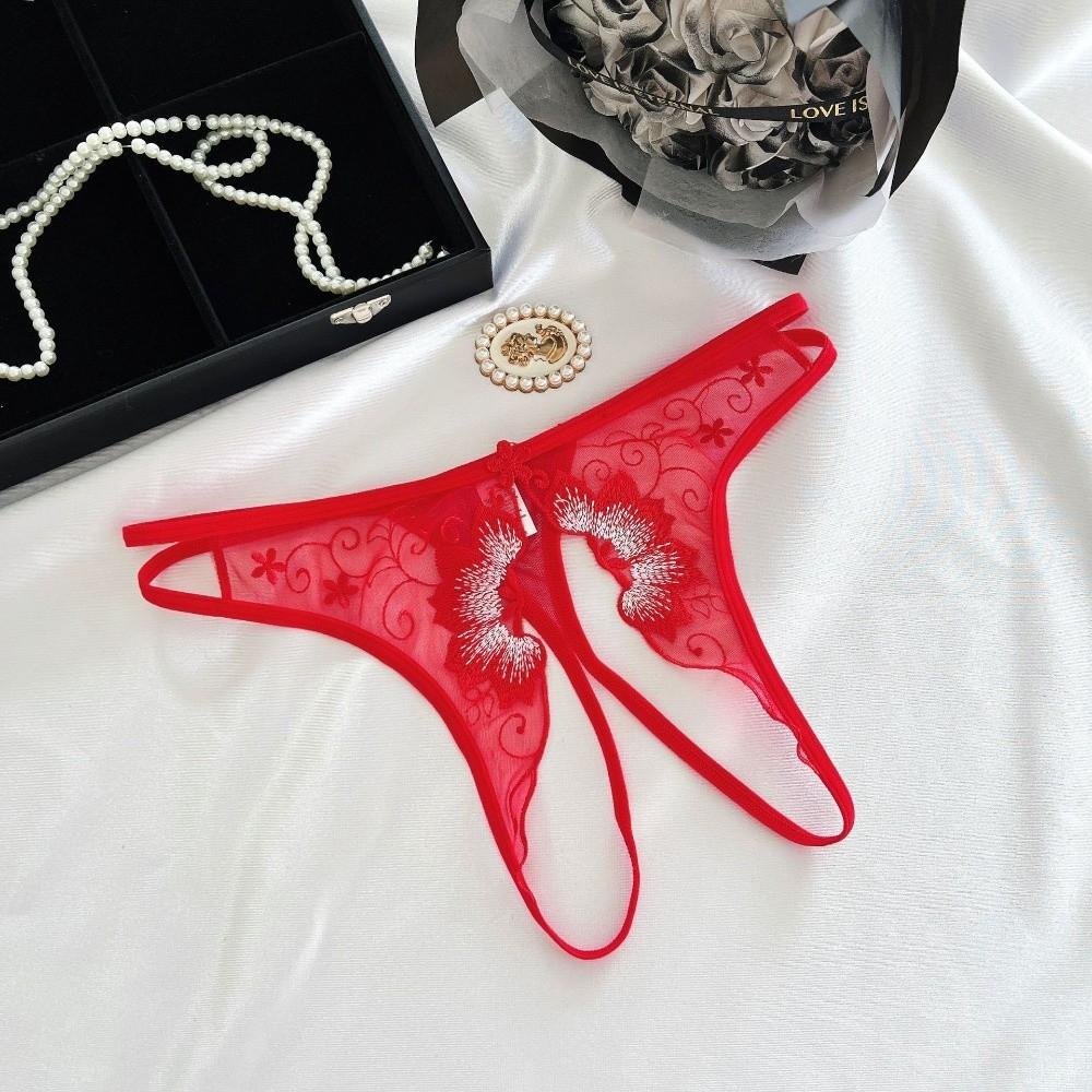 Stretchy Strappy Open Crotch Briefs Floral Embroidery Sheer Mesh Panties Lace Thong  Ladies Girls