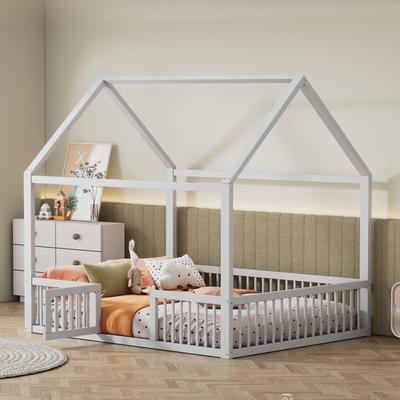 Cama infantil 140 x 200 cm, Cama de madeira maciça com portãozinho, Cama de casal, Cama em forma de casa para crianças, Cama de casa robusta, sem colchão