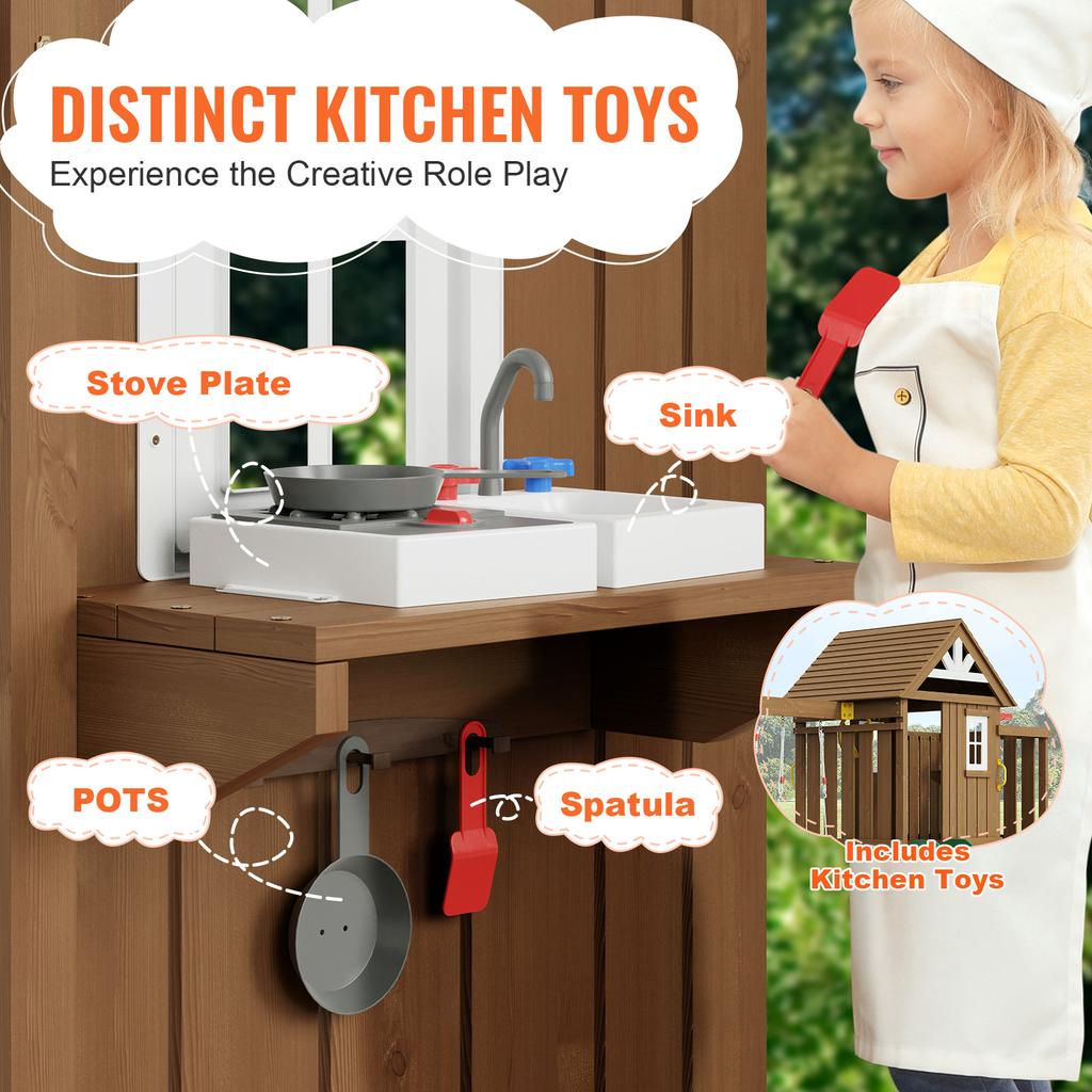 SucceBuy Wooden Swing Set 9/10 IN 1 Outdoor Playground Sets for Backyards 2 Swings Trapeze Bar 6 FT Slide Large Upper Fort