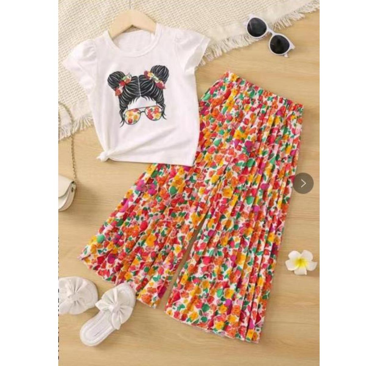 

Летняя одежда для девочек, новая белая футболка с короткими рукавами с рисунком + широкие плиссированные брюки, повседневный комплект из 2 предметов, детский модный костюм 6y коричневый