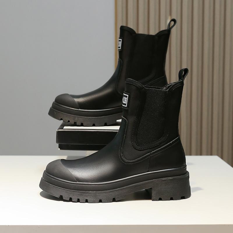 Leather Martin Boots Short Boots Women's, Autumn and Winter New Thick-soled British Smoke Boots Chelsea Boots Fleece Skinny Boots