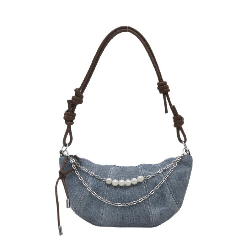 Denim Bag Bag Women's 2025 Summer New Women's Bag Niche Pearl Chain Armpit Bag One-shoulder Crossbody Dumpling Bag