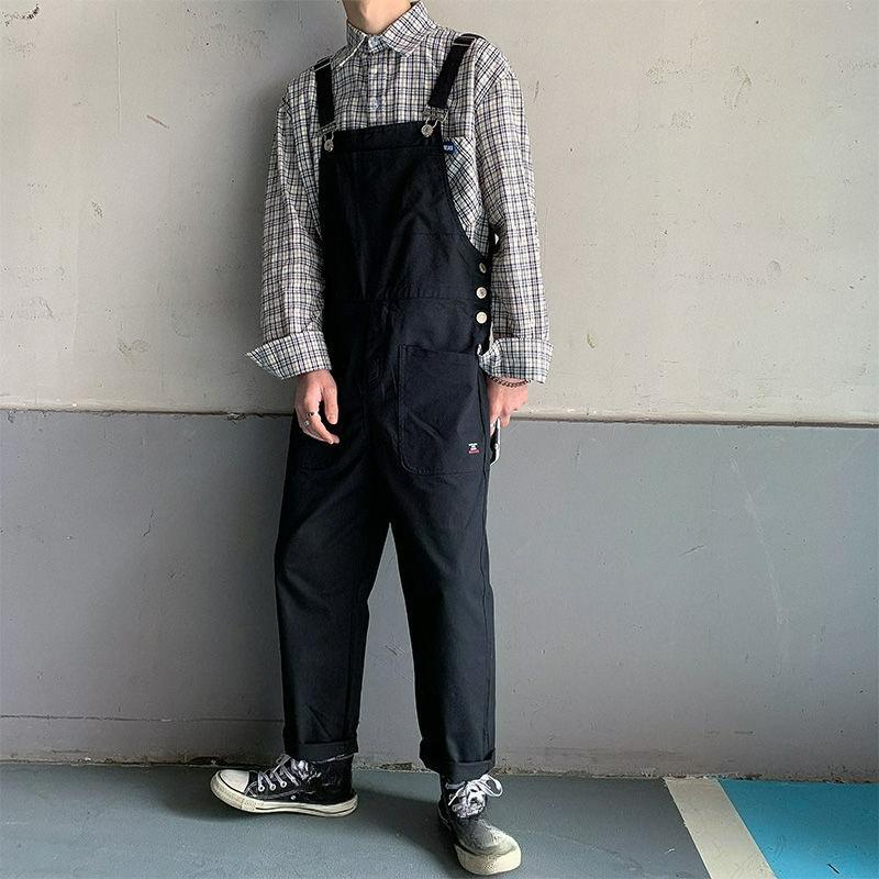 Hong Kong Style Bib Pants Men's Summer Suspenders Korean Version of Loose Straight Nine-point Wide-leg Pants Super Fire Bib Pants
