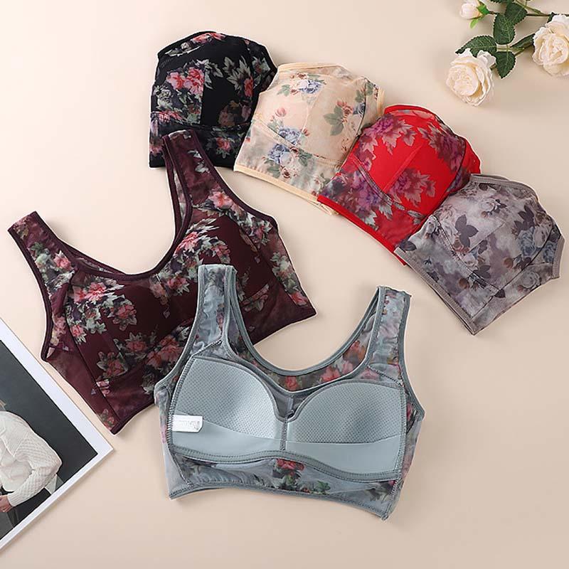 Middle-aged and Elderly Large Size Bra Gathered Comfortable Mesh Back One-piece Fixed Cup Without Steel Ring Underwear