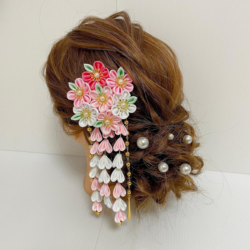 Pink Hair Pearl Japanese Hair Hair Hakama Head Hair Decoration Tsumami-zaiku Ornament, Pin, Ornament, Shichi-Go-San Ornament, Dress, Accessory,
