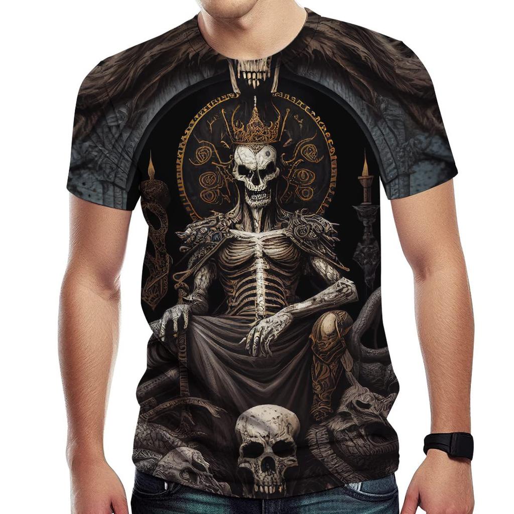 Summer Round Neck 3D Gothic Skeleton King Graphic Print T-shirts Fashionable Casual Short Sleeved Men's T-shirts