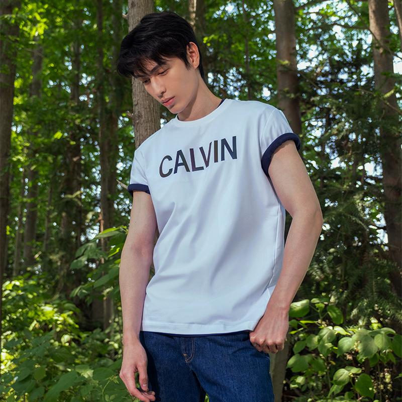 Calvin Klein Gradient Rainbow Letter Print Breathable Short Sleeve T-Shirt Unisex Tops White J318289YAF