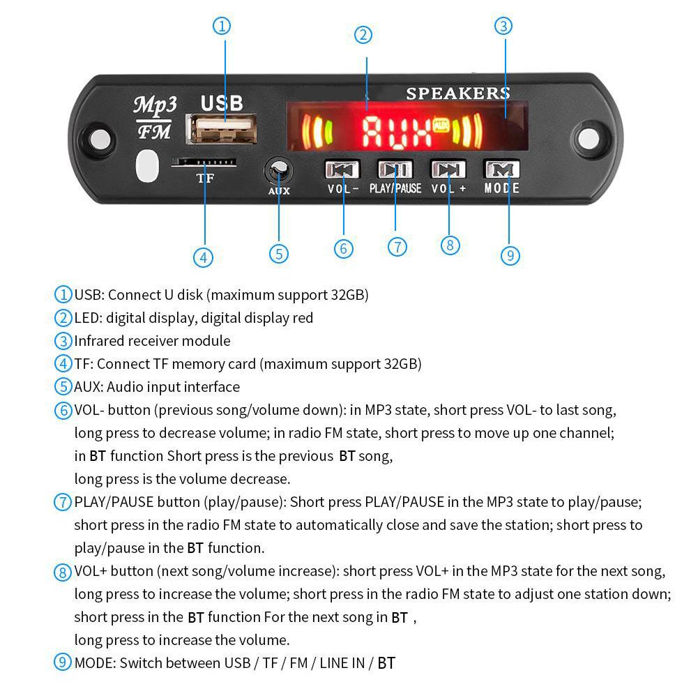 New Bluetooth 5.0 MP3 Player Decoder Board FM Radio TF USB 3.5 Mm AUX Module Music Receiver Car Kit Audio Amplifier Board