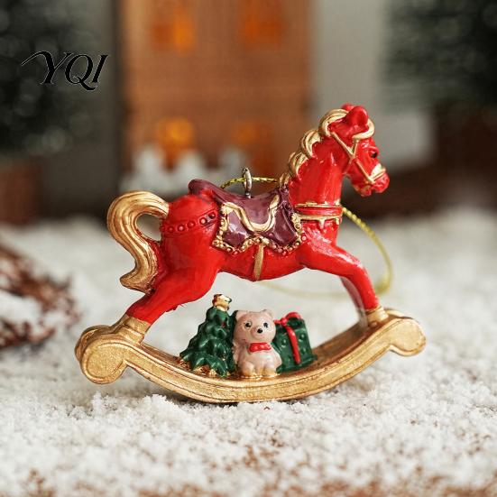 Xmas Window Wall Hangings Rocking Horse Christmas Ornament, Resin Tree Hanging Decoration with Seasonal Trims Bear Gift Box for Holiday Decor