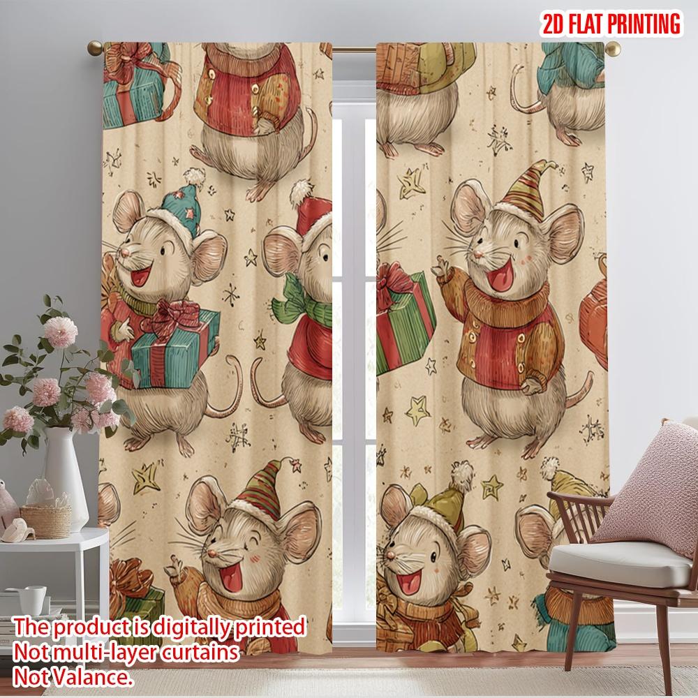 

2 шт., 2D принт на плоскости Шторы и оконное оформление Шапка Санты Мыши_ Снежинки и подарки Универсальный 100% полиэстер (без удилища) Искусство 52.50×116.00 CM 2pcs