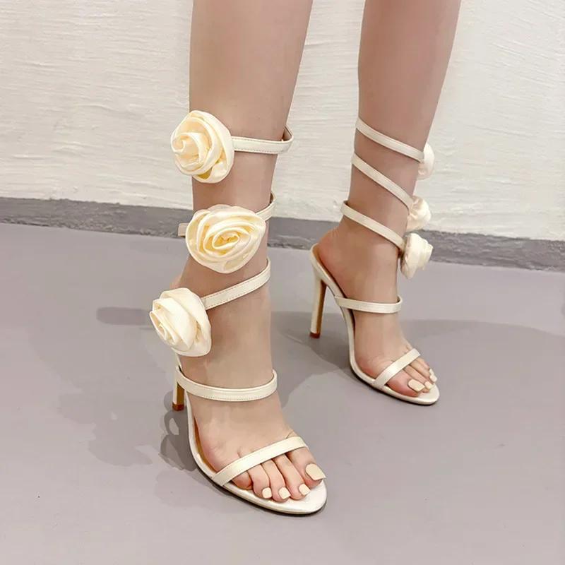 Fashion Elegant Women Wedding Banquet Shoes Fashion Silk Flowers Designer Sandalias De Mujer Open Toe Slip on Ankle Strap High Heels