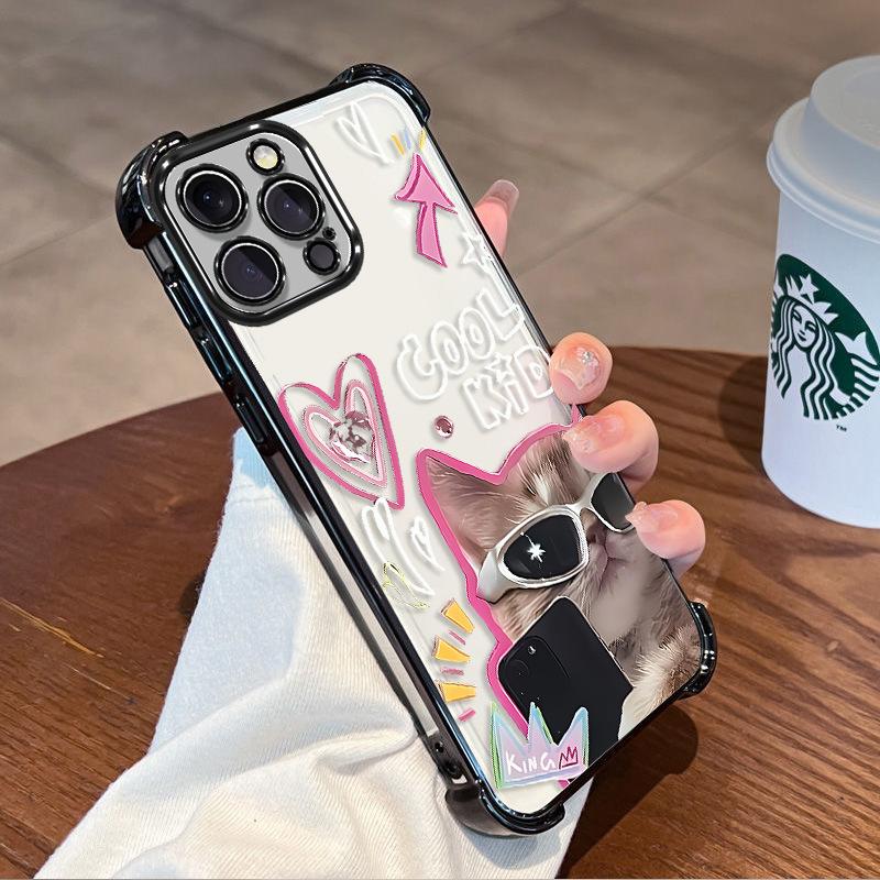 Selfie Sunglasses Cat Suitable for Iphone16 Four-corner Airbag 17promax Anti-drop Plating Apple 15 Mobile Phone Case