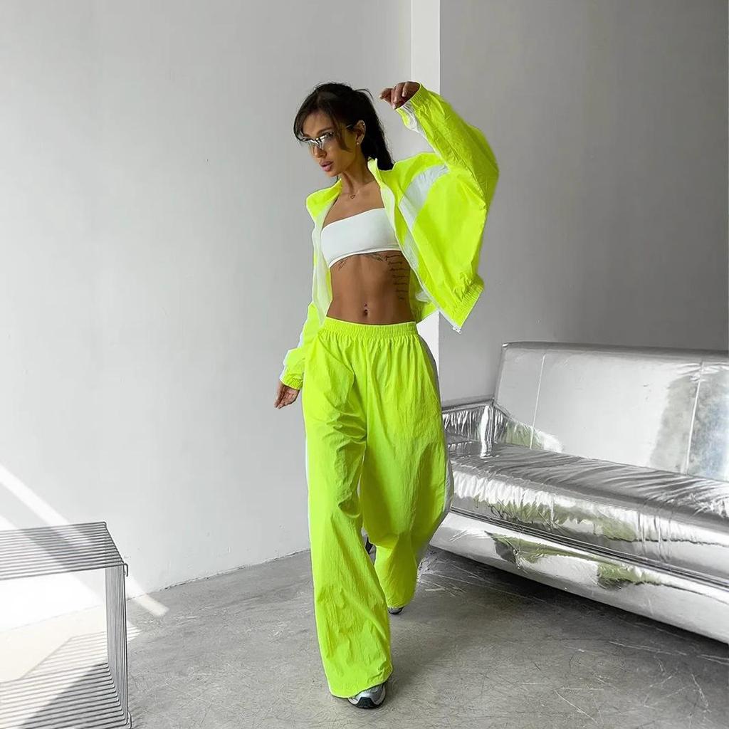Women's Black White Zip-Up Track Suit Set with Wide Leg Pants, Casual Sportswear Two Piece Outfit
