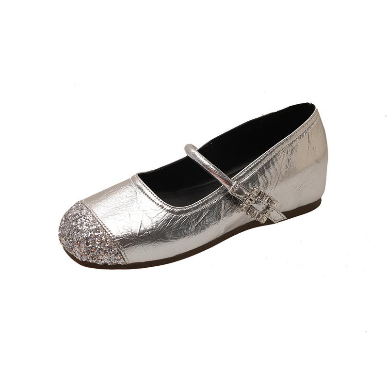 French Skirt Mary Jane Shoes Single Shoes Women's 2025 Spring and Summer New Korean Version Flat Doudou Shoes Silver Small Leather Shoes