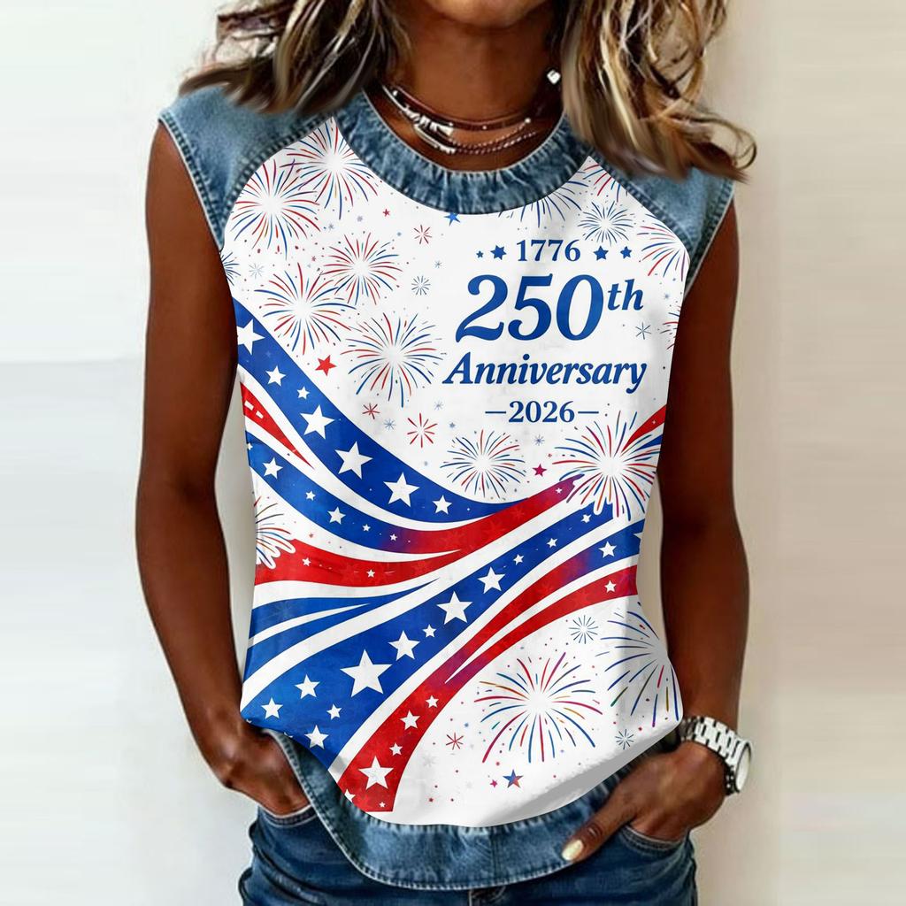 Women's Casual Sleeveless Pullover Top Crew Neck Tank Shirt 250th Anniversary Graphic Print Sleeveless Tee for Summer