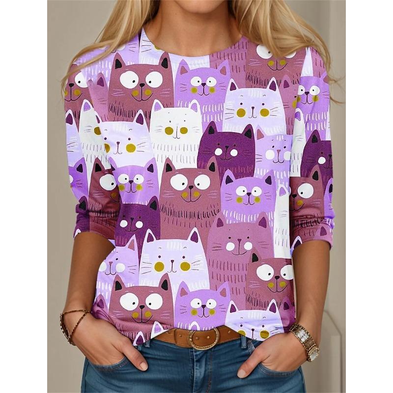 

Весенне-осенние футболки с круглым вырезом и милыми кошачьими принтами, напечатанными в 3D, модные повседневные женские футболки с длинным рукавом L