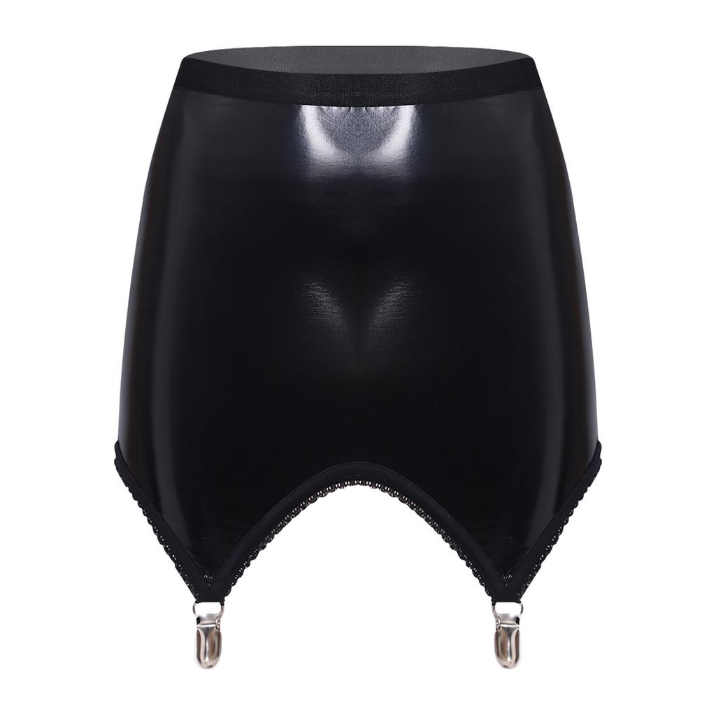 Minifalda Bodycon Brillante de PU para Mujer con Pinzas para Medias Integradas Cintura Alta Efecto Mojado Elástica