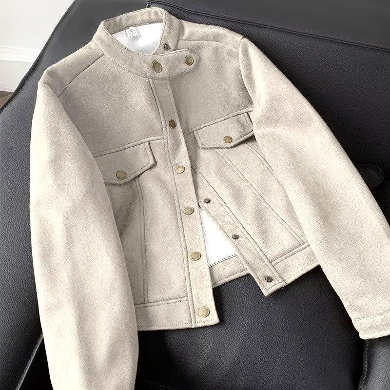 Мужская ретро мотоциклетная куртка из замши и бархата - Осень/Зима, Толстая, с воротником-стойкой XL