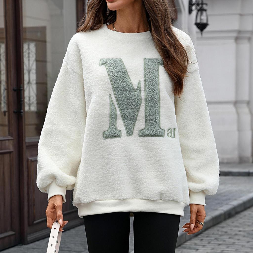 Women's Fashionable Round Neck Long Sleeved Loose Letter Embroidered Pullover Hoodie Top