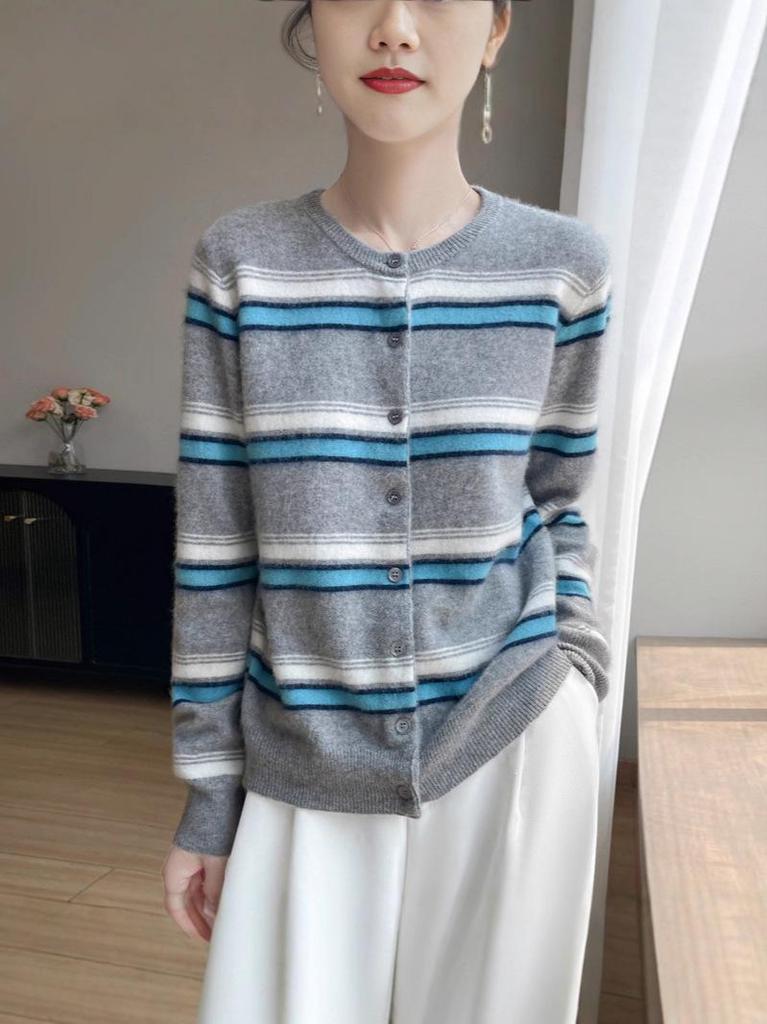 100% Wool Stripe Knit Cardigan - Autumn Academy Style Long Sleeve Sweater.