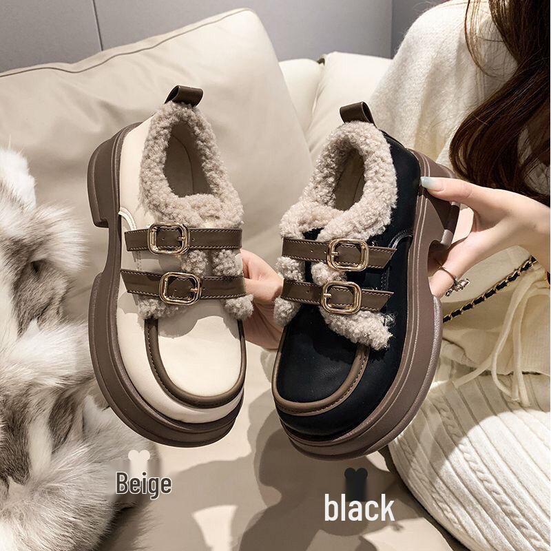 Brand Thick-Soled Leather Height-Increasing Warm Cotton Shoes for Women - Autumn/Winter Japanese Style