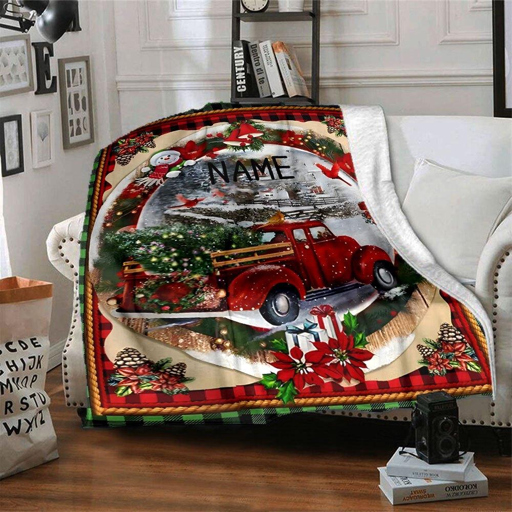 Christmasthemed Home Customize Your Name Blankets Featuring A Cozy And Festive Design With A Red Truck Carrying A Christmas Tree Perfect For Adding