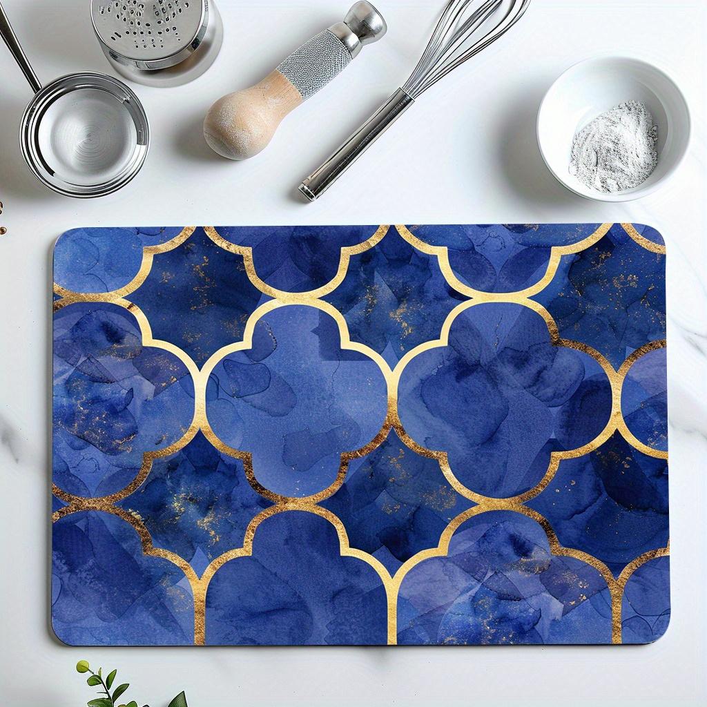 1 ks Gumová sušicí podložka s retro marockým modrým zlatým potiskem pro kavárnu, kuchyňský koberec, prostírání na stůl, odolná diatomová hlinka, podložka na stůl, podložka pro domácí mazlíčky, kávové nádobí