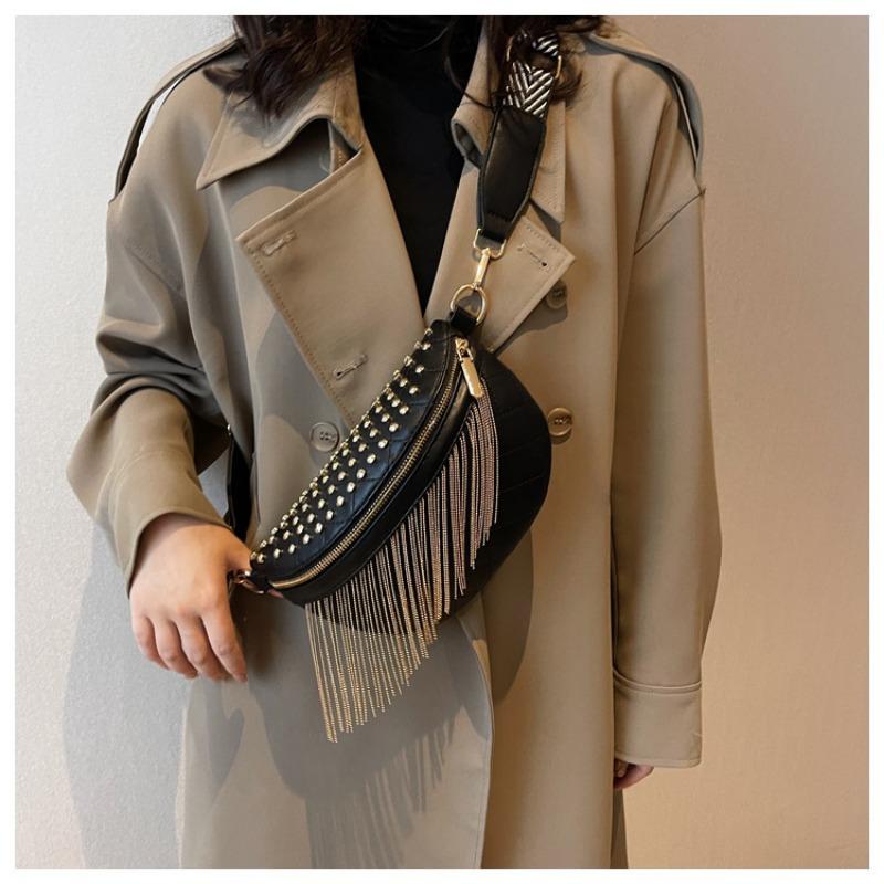 Rivet Small Bag Women's New Fashion Versatile Fringed Dumpling Bag Wide Shoulder Strap Women's Breast Bag Waist Bag