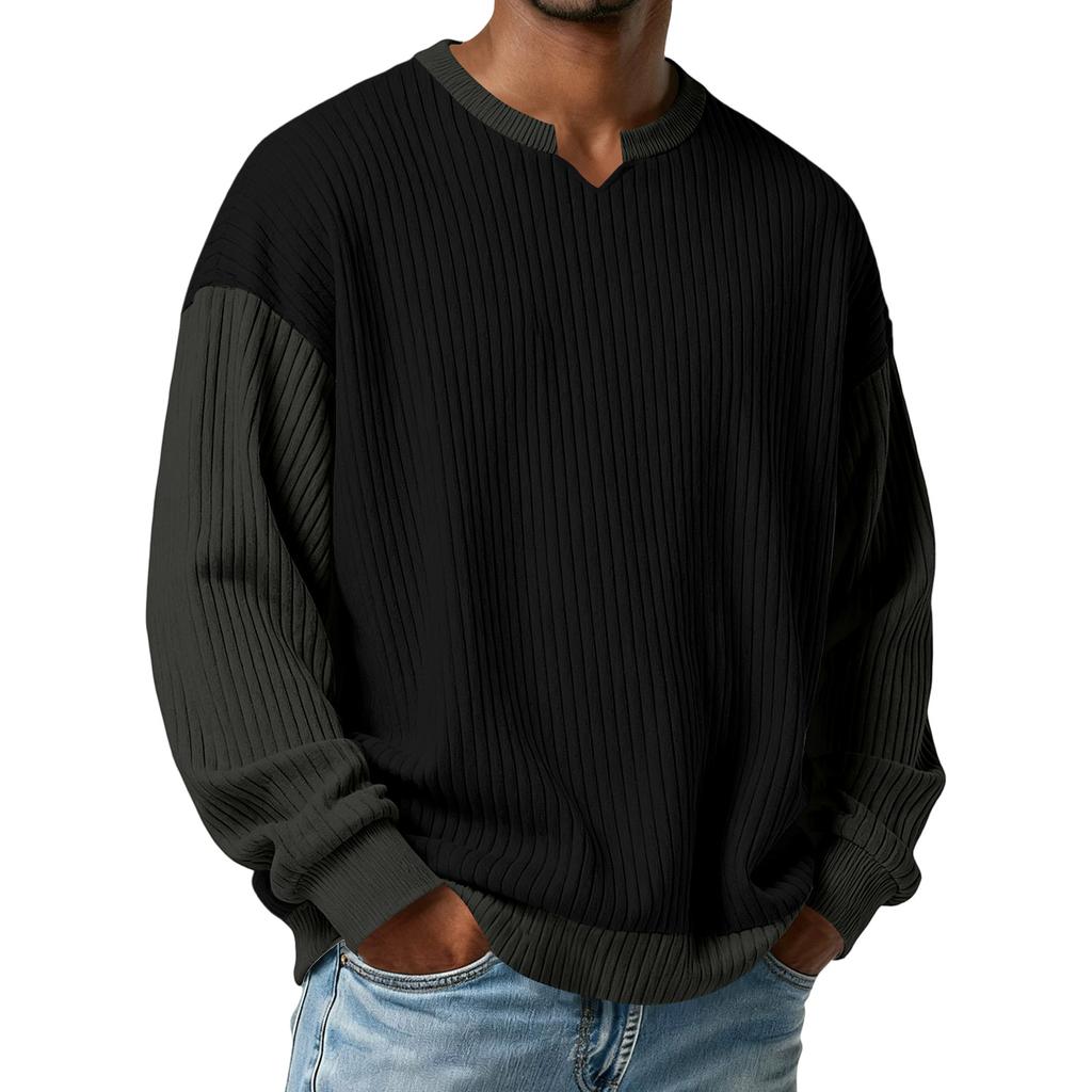 Men's Color,Blocked Stylish V,Neck Ribbed Textured Long,Sleeve T,Shirt