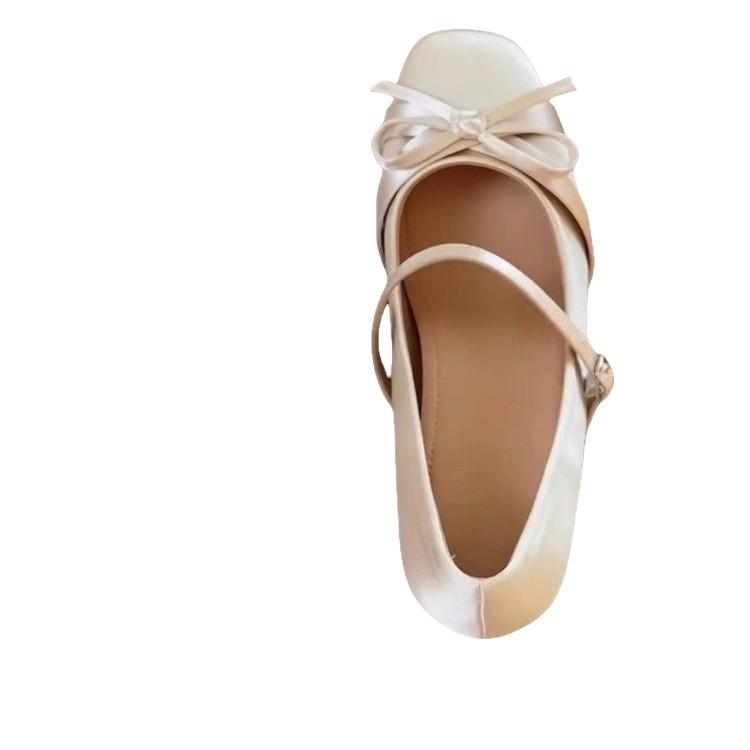 Inner Heightening Satin Thick-heeled Bow Mary Jane Shoes Women's 2025 Soft-soled One-word Strap High-heeled Single Shoes