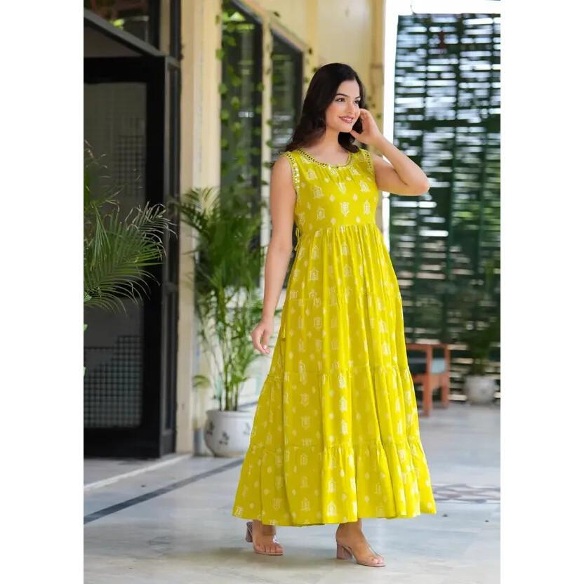 Rochie de designer pentru femei, din bumbac, cu imprimeu Anarkali, cu imprimeu Bollywood și raion, evazată, Kurta, SC-2144