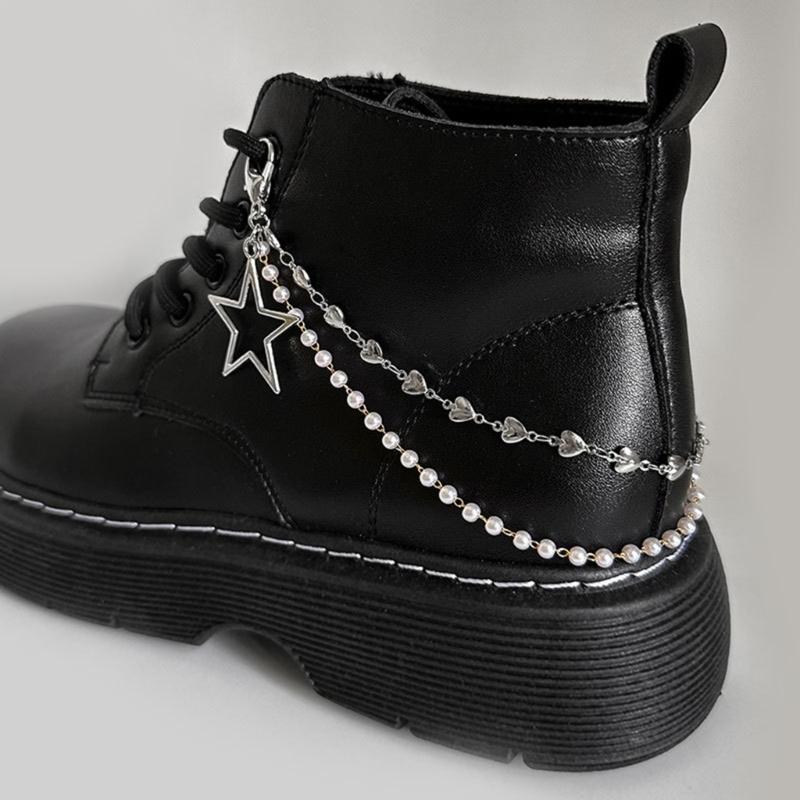 Doppellagige Schuhkette Canvas Schuhe Ketten Punk Stil Stern/Herz Perlen Schuhschnallen Schmuck Trendy Y2k Accessoires