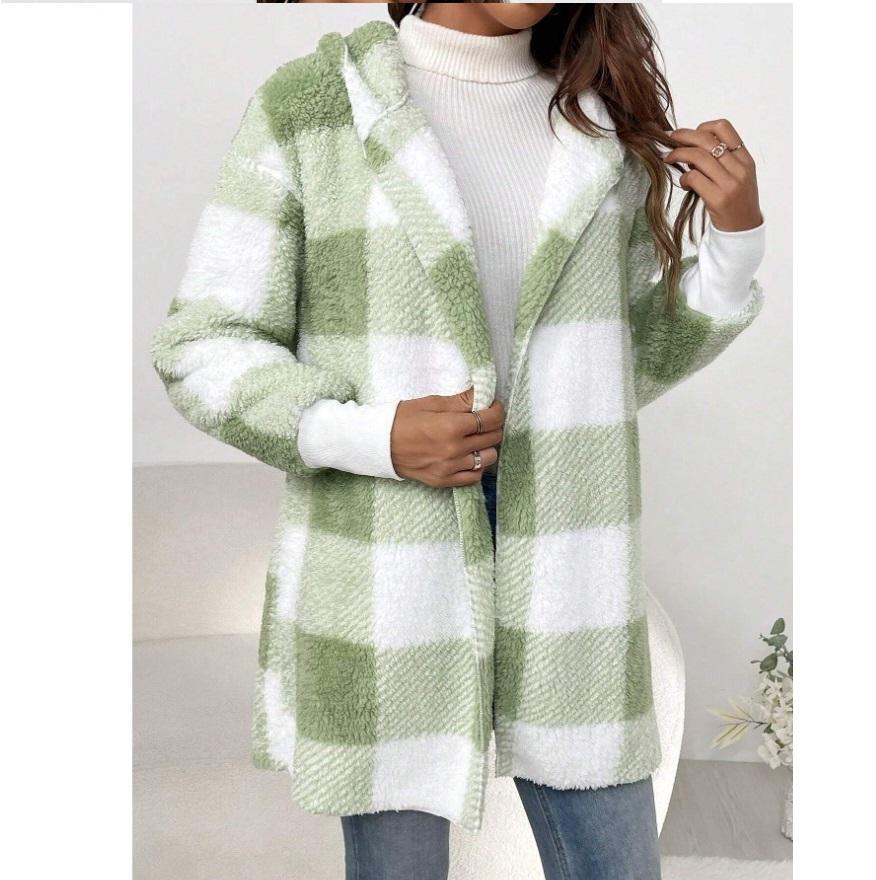 Loose Plaid Color Blocked Plush Cardigan, Fashionable Sweater for Women