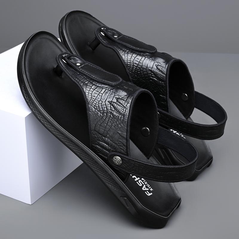 Fashion Outdoor Leather Summer Flip-flops Breath Casual Slip on Flats Dual-Purpose Men Sandals Comfort Slippers Quick Dry Male Half Drag