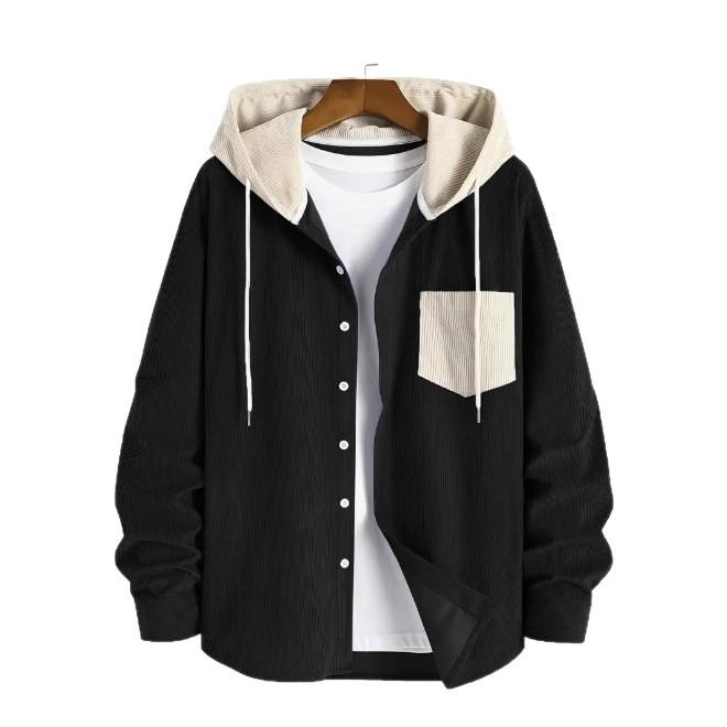 Men's Color-Block Corduroy Hooded Jacket - Warm and Thickened Design