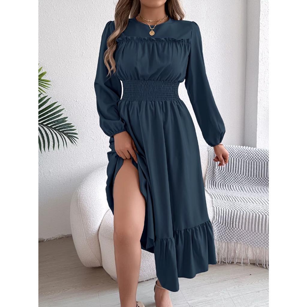 Autumn and Winter Casual Elegant Solid Color Round Neck Long Sleeved Waist Cinched Lotus Leaf Edge Dress Women Clothing