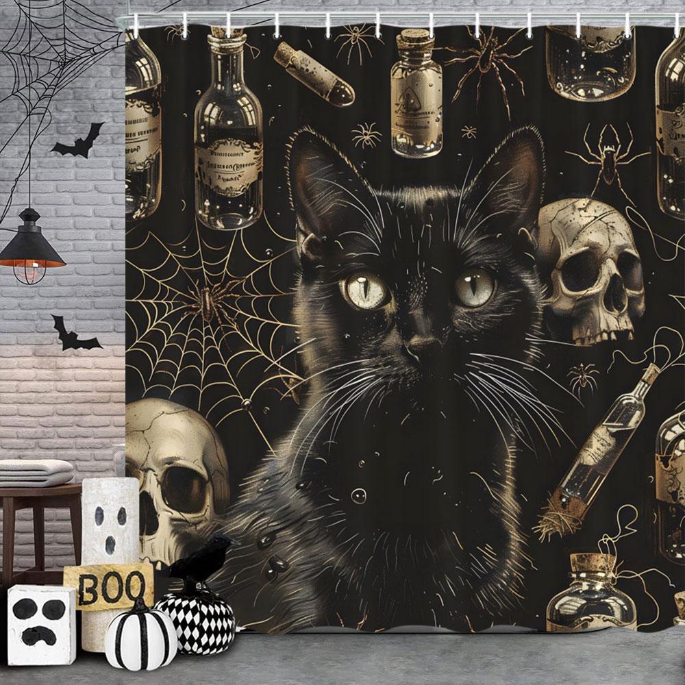 Spooky Horror Halloween Skeleton Crow Shower Curtain Black Bat Black Cat Polyester Fabric Bath Curtain Bathroom Decor With Hoo
