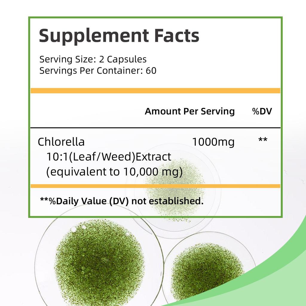 Chlorella Extract Capsules, 10:1 High Concentration 1000mg Algae Extract, Nutritional Supplement