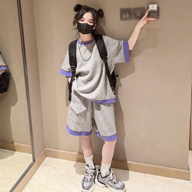 

Стильный летний спортивный костюм-двойка для девочек 2024 года: Шорты и топ для детей 140 cm серый