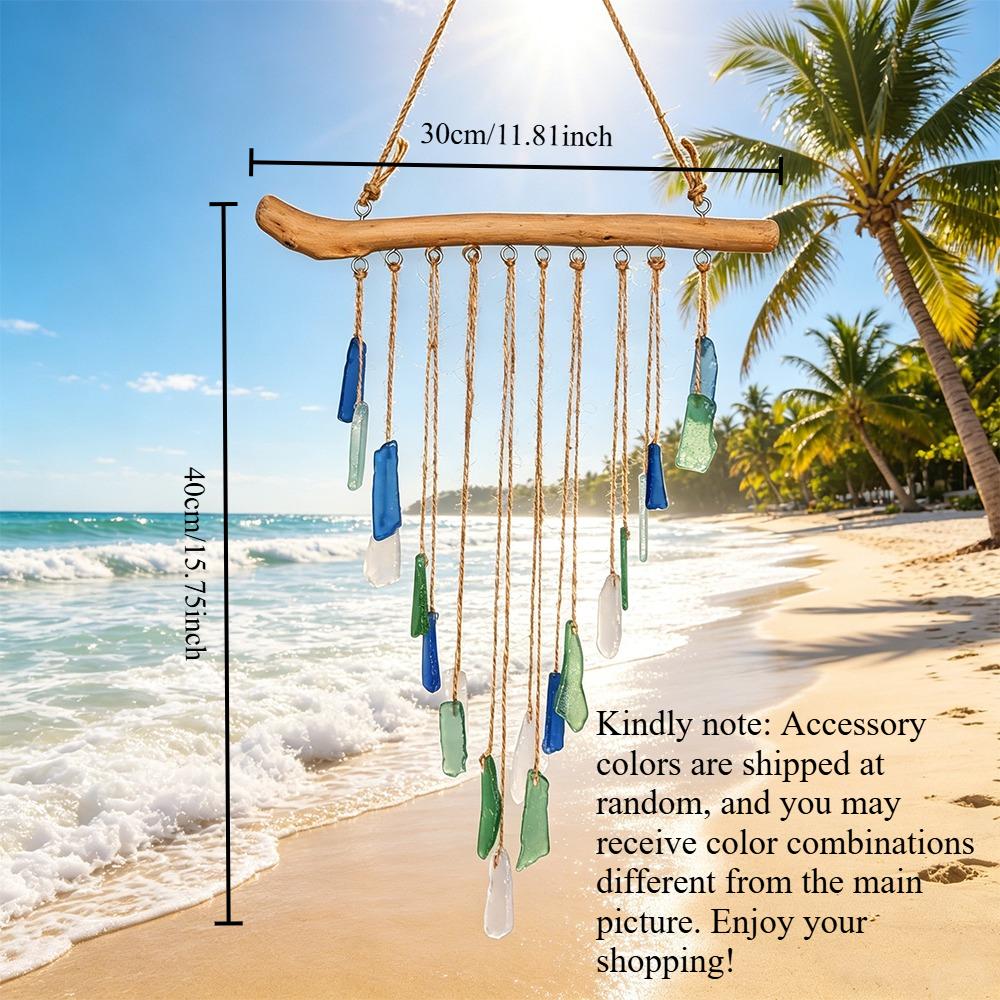 Handmade Bohemian Sea Glass Wind Chime Natural Beach Decor Outdoor Hanging Ornament for Garden Patio Porch Balcony One Size синий