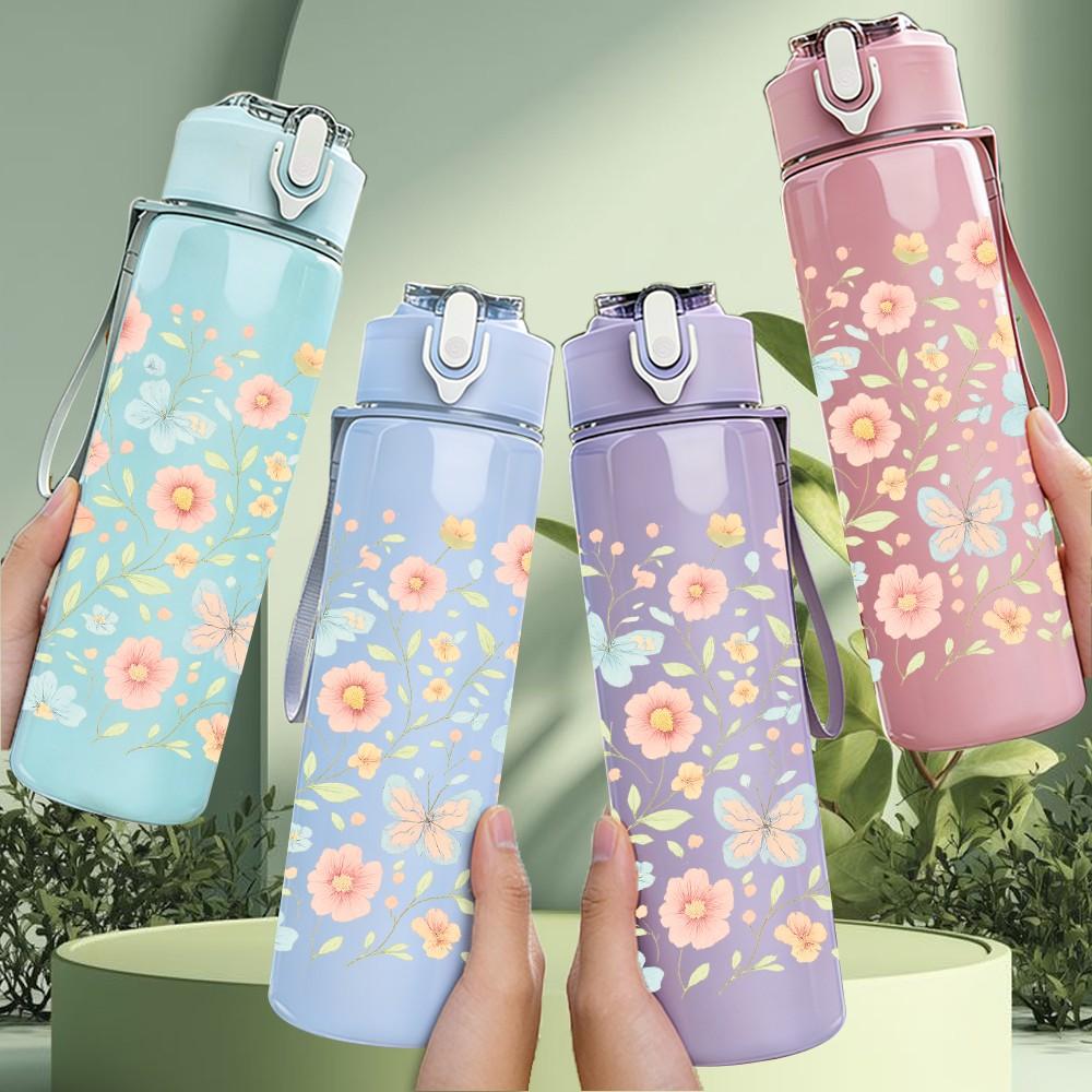 1PC Soft Pastel Mixed Small Floral Pattern Print 750ml Color Plastic Sports Water Bottle Leakproof Flip Straw Lid Suitable for Sports Office Home Use