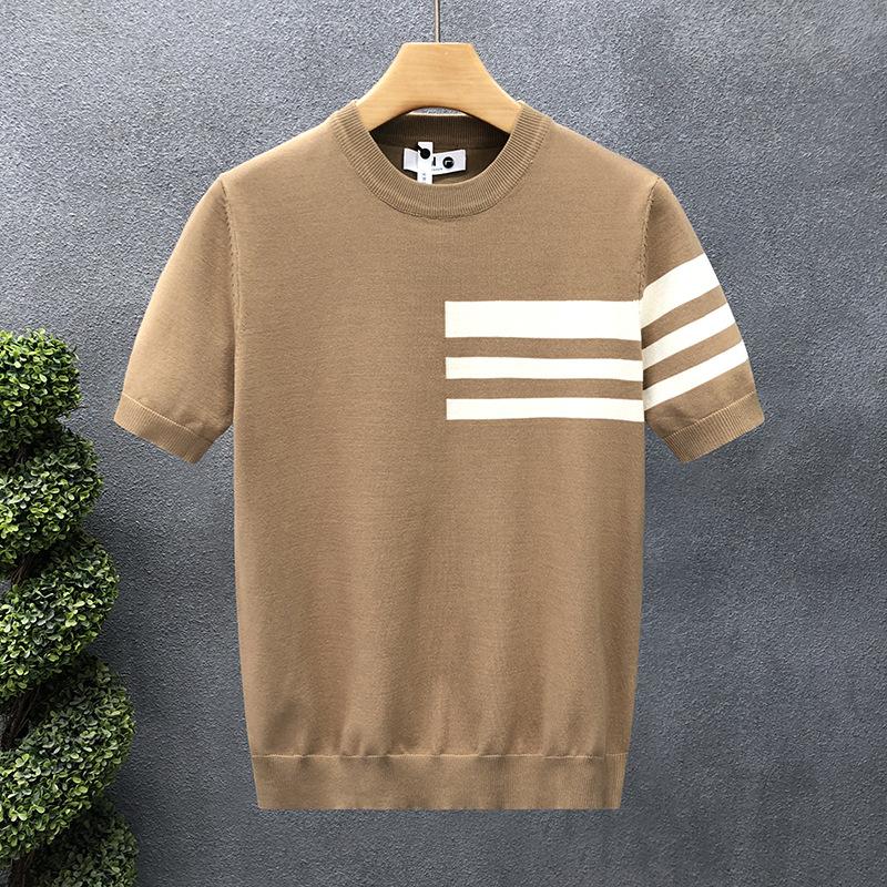 Summer new short-sleeved sweater men's striped simple business light mature slim ice silk T-shirt