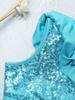 Glossy Sequin Asymmetrical Ruffled Shoulder Top and Shorts 2Pcs Dance Costume Set for Kids Girls