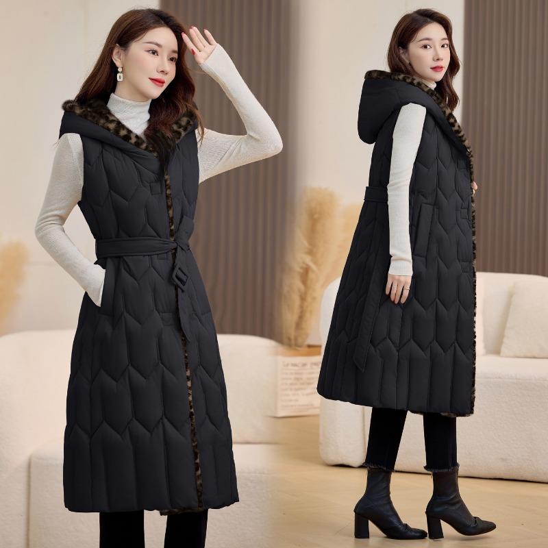 Leopard print plus slim-fit hooded cotton vest to keep warm in autumn and winter women's long and thin double-sided down cotton vest vest